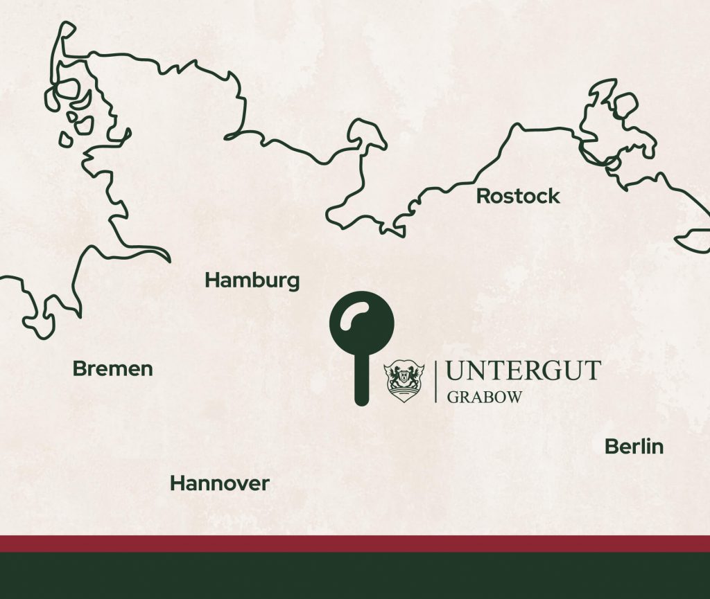 Umriss von Norddeutschland mit einer Pinnadel, wo das Untergut Grabow lokalisiert ist