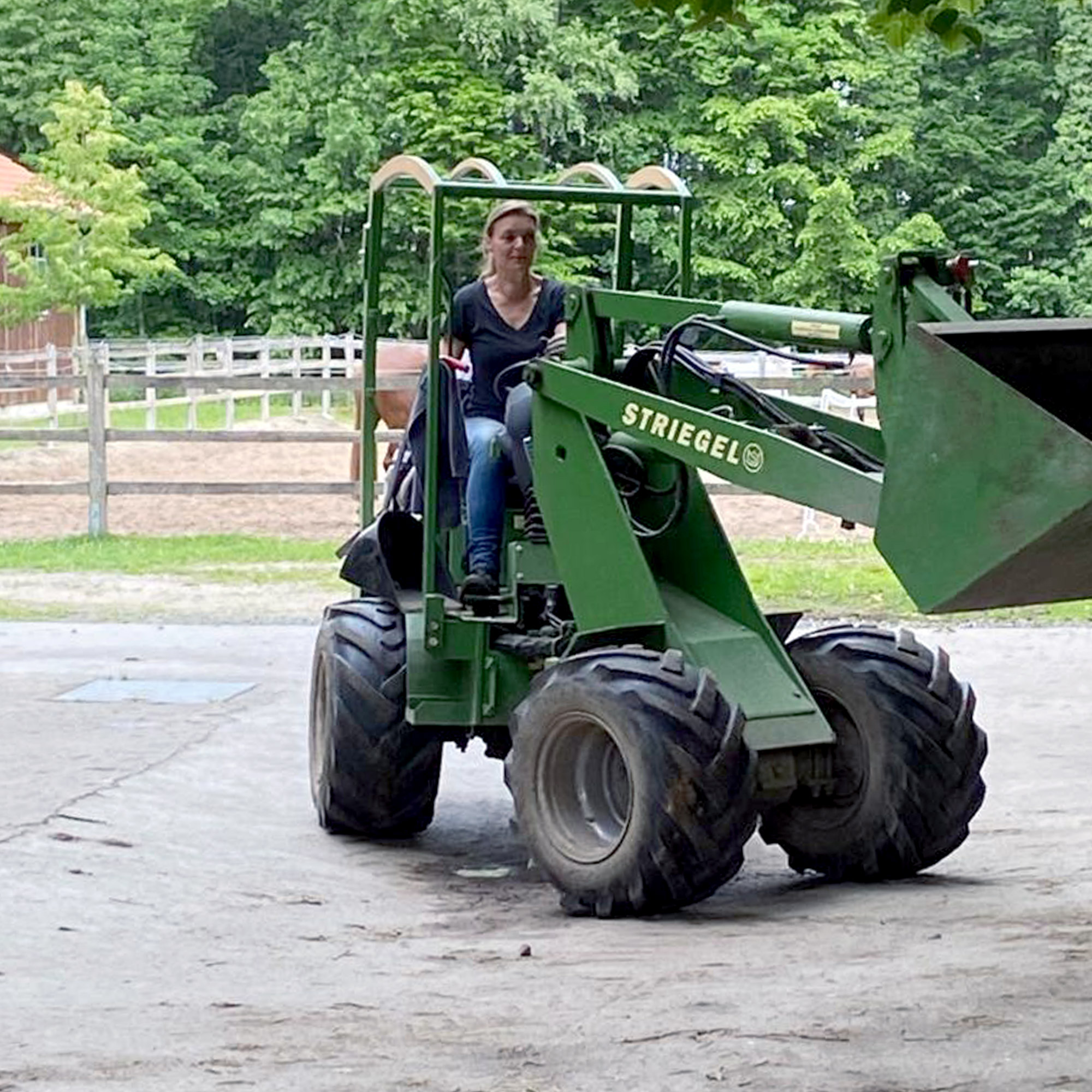 Frau auf einem kleinen landwirtschaftlichen Gefährt